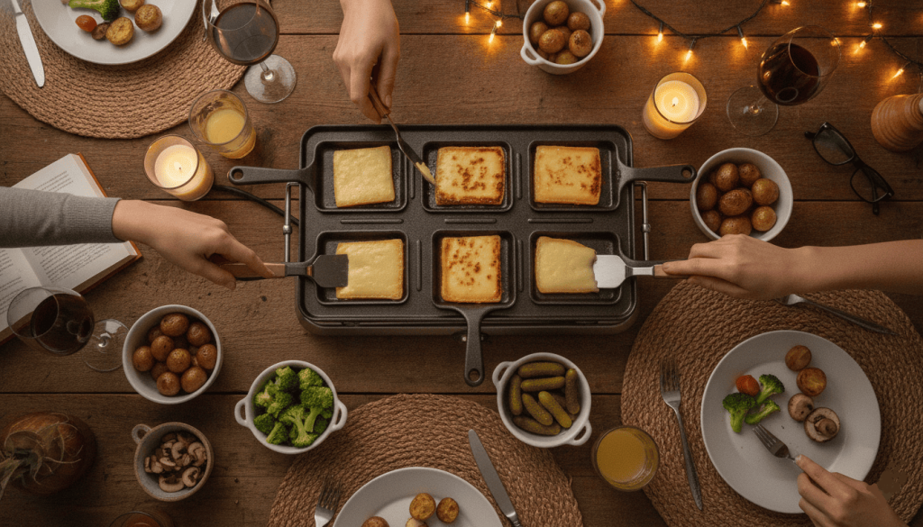 Vue aérienne d'une table en bois chaleureuse où des convives partagent une raclette vegan. Des tranches de fromage végétal fondent dans les poêlons de l'appareil, entourées de bols de pommes de terre de terre grenailles, de brocolis, de champignons et de cornichons.