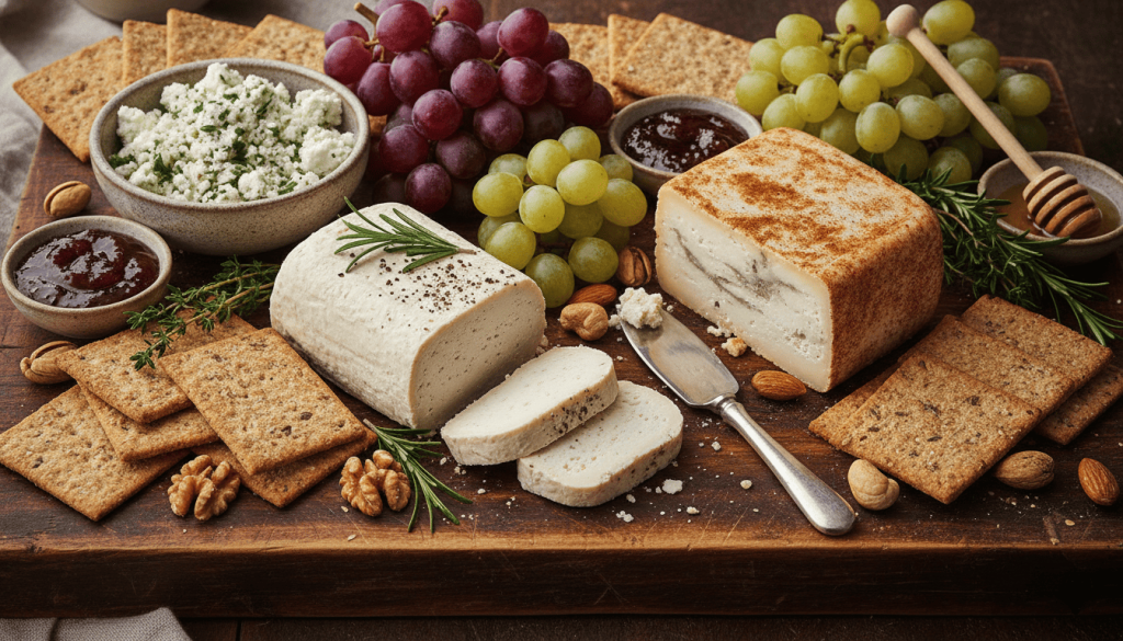 Un plateau de fromages végétaux d'inspiration artisanale sur une planche en bois. On y voit un bloc de simili-fromage aux herbes dans un bol, une bûche végétale parsemée de poivre noir et un bloc enrobé de paprika, le tout entouré de crackers, de noix et de grappes de raisins.