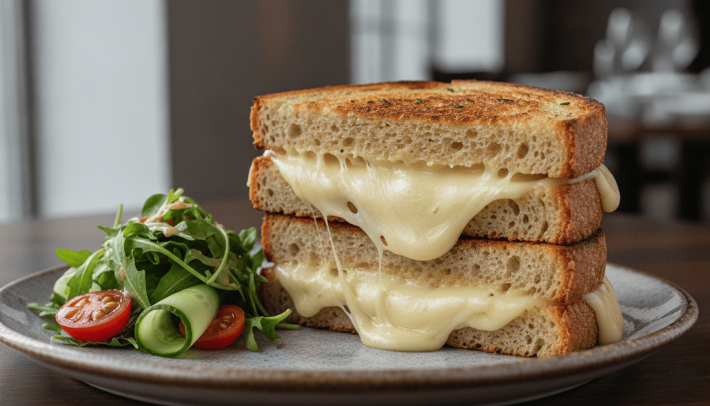 Un grilled cheese vegan double épaisseur, coupé en deux et superposé, révélant un fromage végétal blanc particulièrement coulant et fondant. Le sandwich en pain de campagne est accompagné d'une petite salade verte.