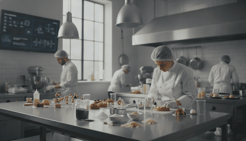 Laboratoire de pâtisserie où plusieurs professionnels préparent des desserts végétaux.
