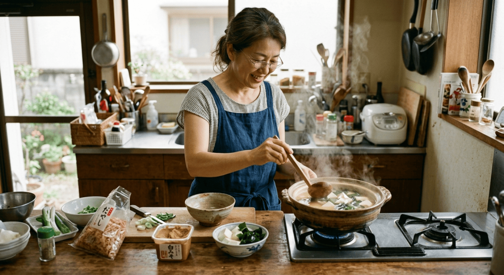 Une femme souriante cuisine une soupe miso japonaise traditionnelle dans une marmite en terre cuite sur sa cuisinière. Sur le plan de travail en bois sont disposés du tofu, des oignons verts émincés et des algues fraîches.
