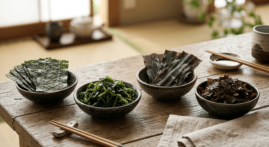 Alignement de quatre petits bols en céramique sur une table en bois, contenant différentes variétés d'algues comestibles séchées et réhydratées, incluant des feuilles de nori et du wakame, parfaites pour l'apport en iode.