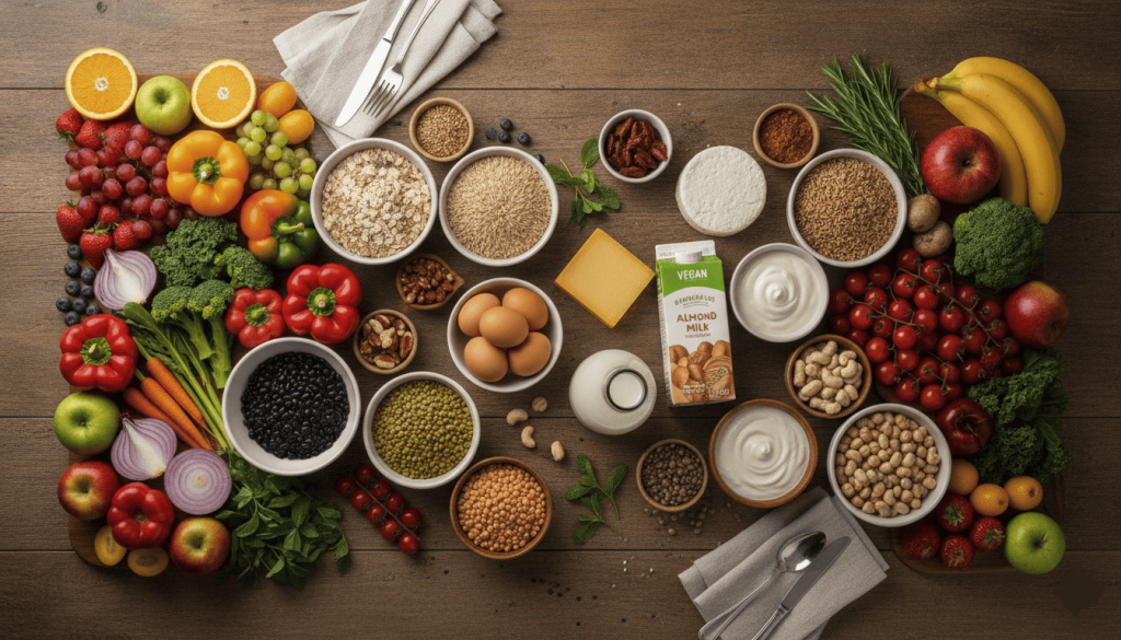 Grande table présentant une variété d'aliments correspondant à différents régimes alimentaires.