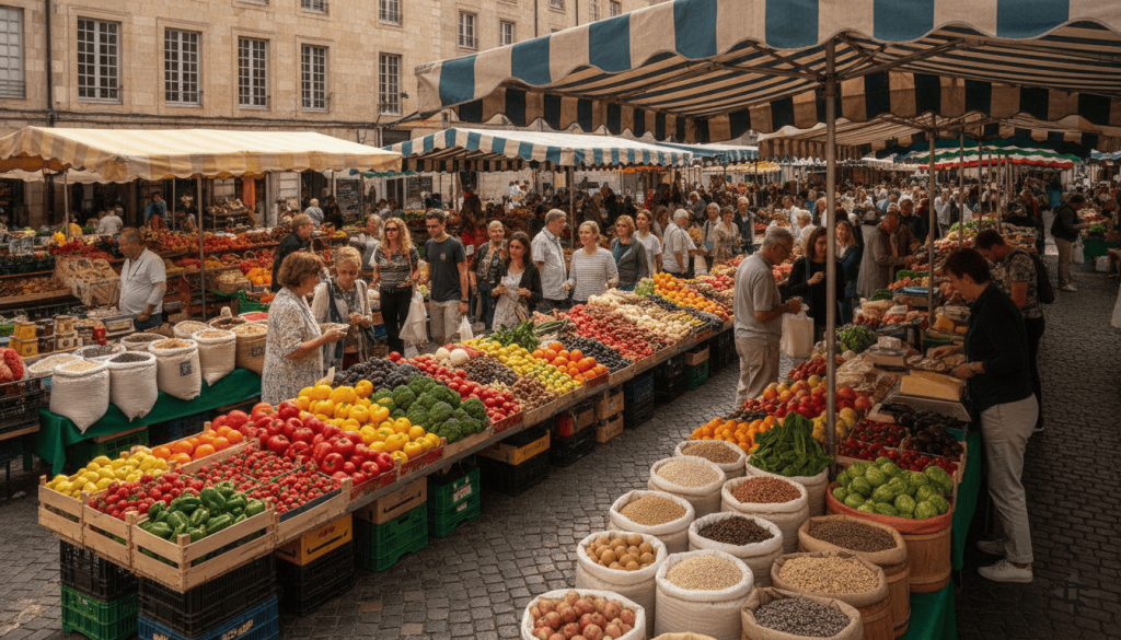 Marché alimentaire mettant en avant une grande diversité de fruits, légumes et produits végétaux.