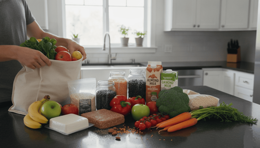 Personne rangeant des courses composées de légumes, fruits, tofu, légumineuses et boissons végétales dans une cuisine.