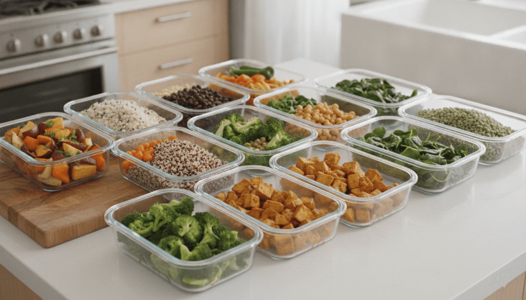 Préparation de plusieurs repas vegan équilibrés pour la semaine dans des contenants en verre.