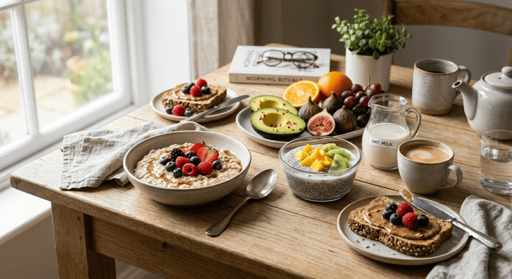 Un petit-déjeuner vegan sain et complet dressé sur une table en bois : un bol de porridge aux baies, un pudding de chia aux mangues et kiwis, des tartines au beurre d'arachide, une assiette de figues et d'avocats, et une carafe de lait d'avoine.