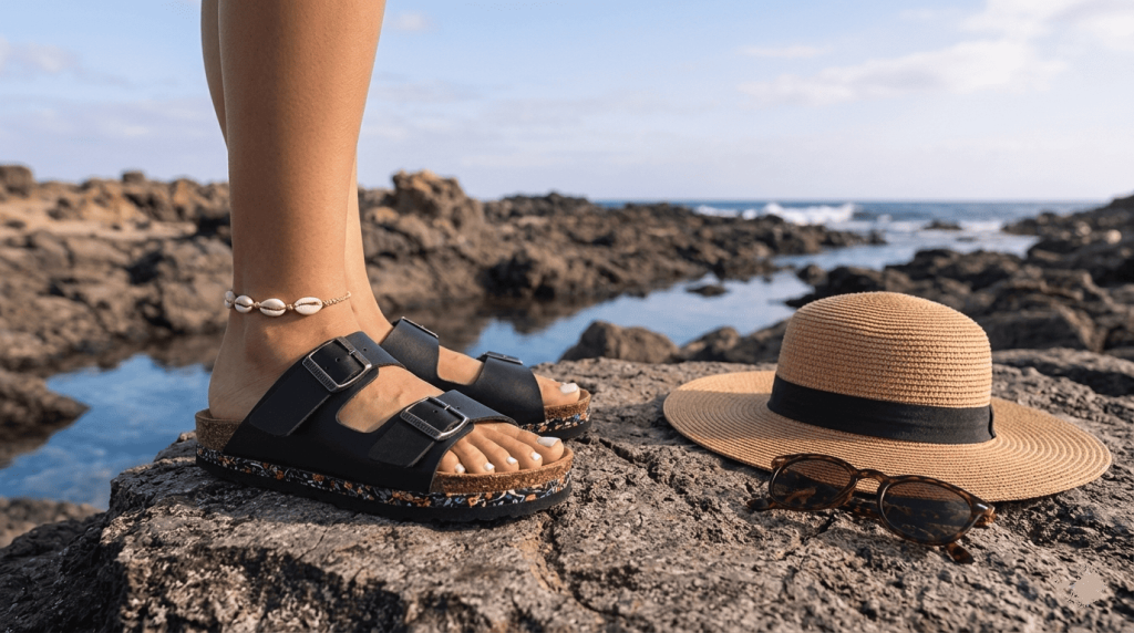 Une femme porte des sandales Nuocéans
