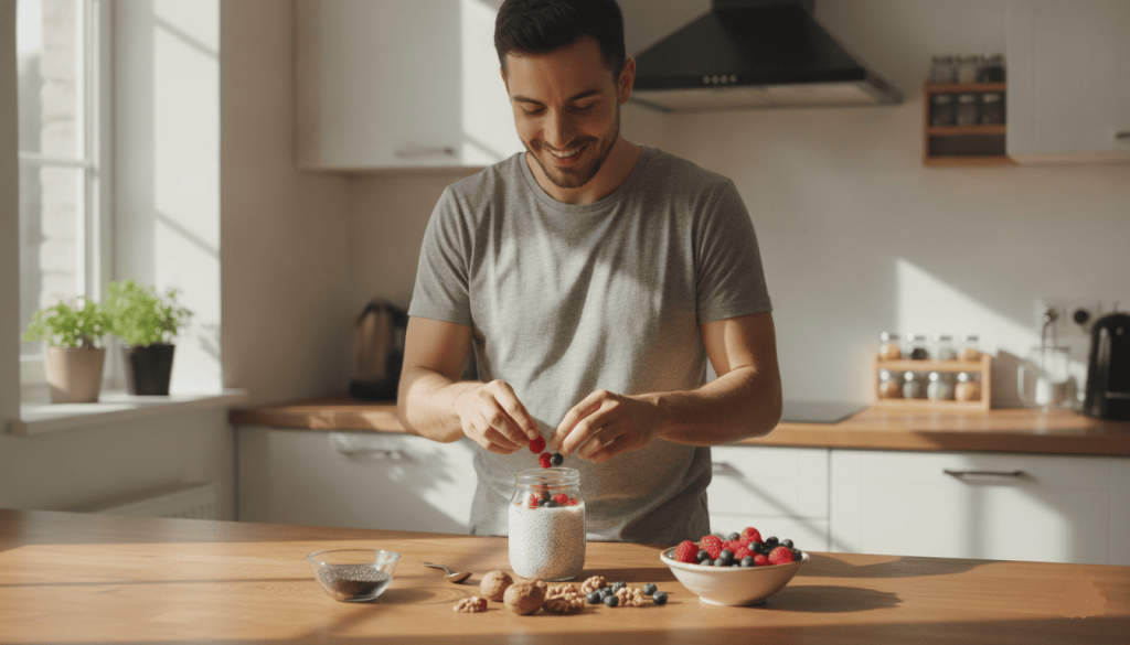 Petit-déjeuner vegan comprenant du pudding de chia, des noix et des fruits rouges riches en oméga 3.