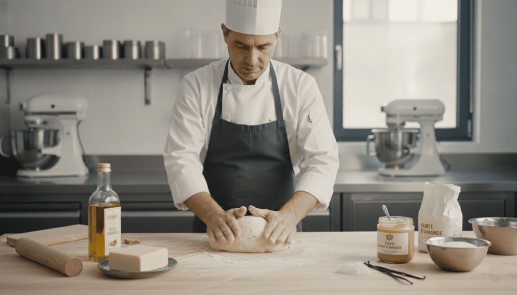 Pâtissier préparant une pâte avec des alternatives végétales au beurre dans un laboratoire de pâtisserie professionnel.