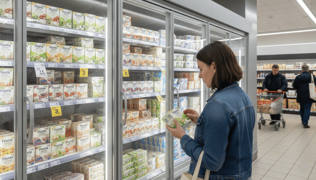 Cliente comparant des margarines végétales dans le rayon frais d'un supermarché.