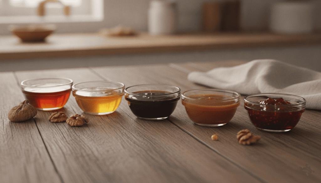 Plusieurs alternatives végétales au miel, comme le sirop d'érable, le sirop d'agave, la mélasse et le sirop de dattes, présentées sur une table.
