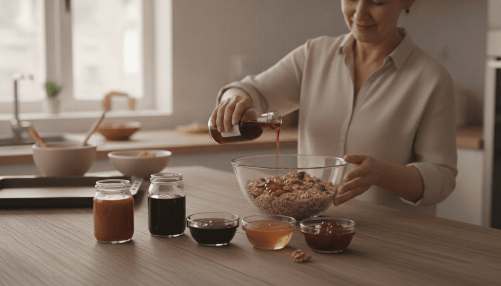 Personne préparant un granola maison avec du sirop d'érable comme alternative au miel.