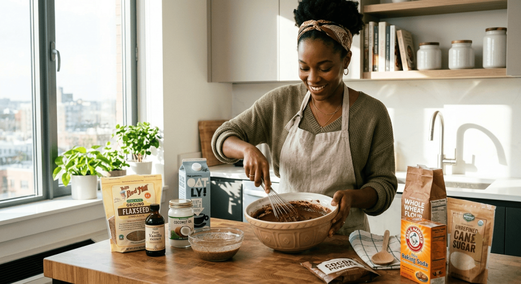Une personne prépare une recette de pâtisserie végétale sur un plan de travail en bois. Elle verse un substitut d'œuf liquide à base de plantes dans un grand bol contenant de la farine, entourée d'ingrédients comme des graines de lin et de la compote de pommes.