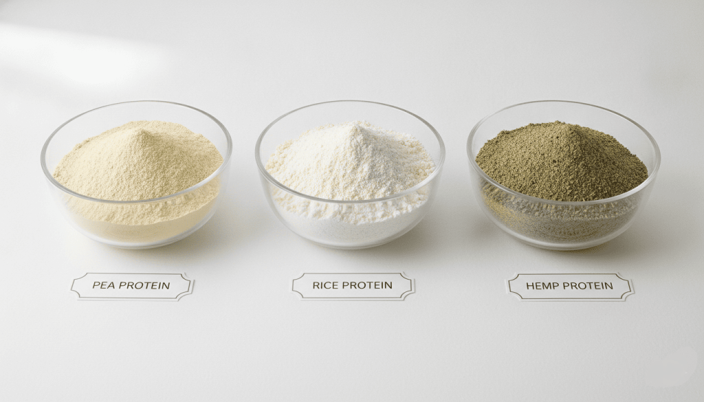 Comparaison de protéines végétales en poudre à base de pois, de riz et de chanvre dans des bols transparents
