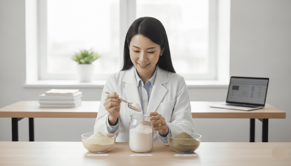 Nutritionniste analysant différentes protéines végétales en poudre dans un cabinet spécialisé.