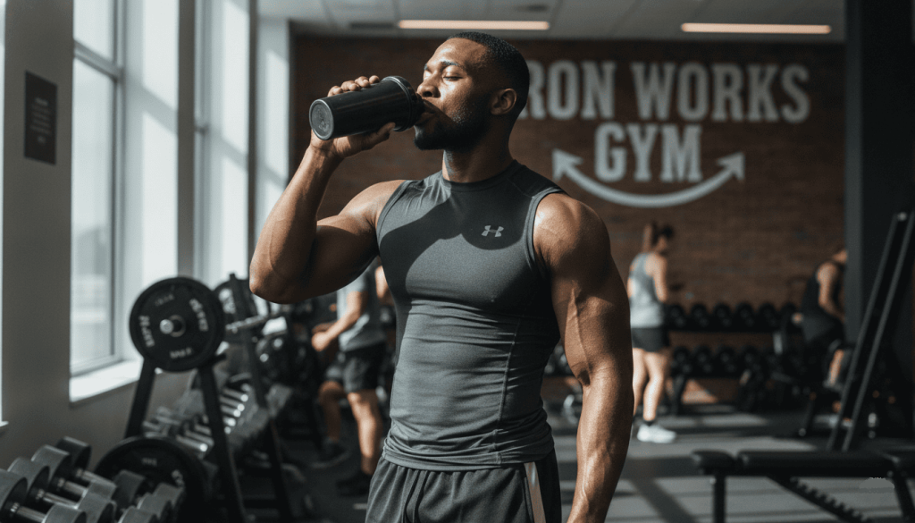 Sportif musclé dans une salle de sport buvant un shaker de protéines végétales après son entraînement.