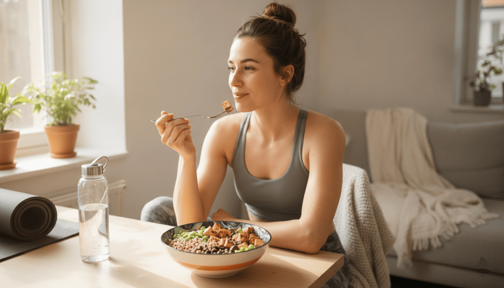 Femme sportive dégustant un repas vegan riche en protéines après une séance de musculation.