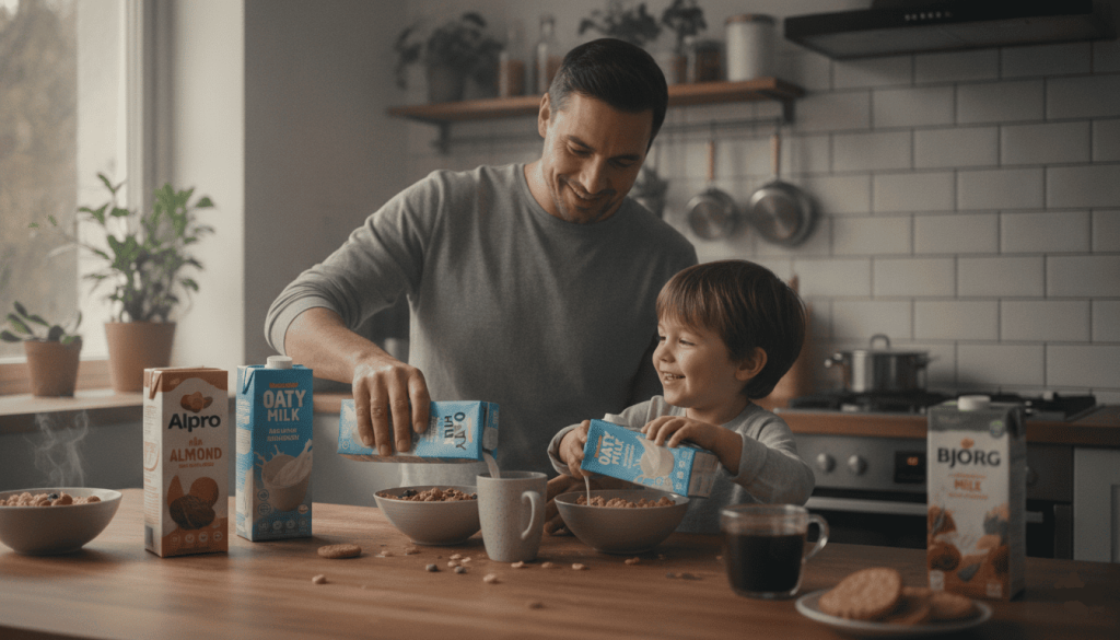 Parent préparant le petit-déjeuner avec son enfant à l'aide de boissons végétales.