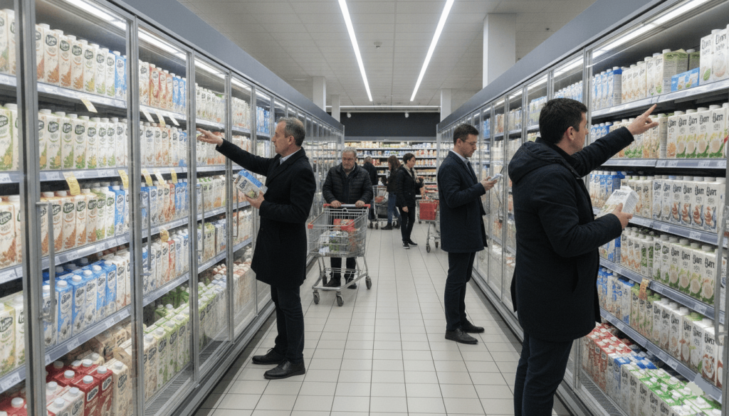 Rayon de supermarché proposant un large choix de boissons végétales avec plusieurs clients en train de comparer les produits.