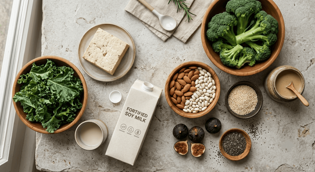Une brique de lait végétal enrichi en calcium (lait d'amande ou de soja) posée sur une table en bois à côté d'un verre rempli et d'un bol contenant des amandes, u, bol de brocolis croquants, cube de tofu, haricots blancs