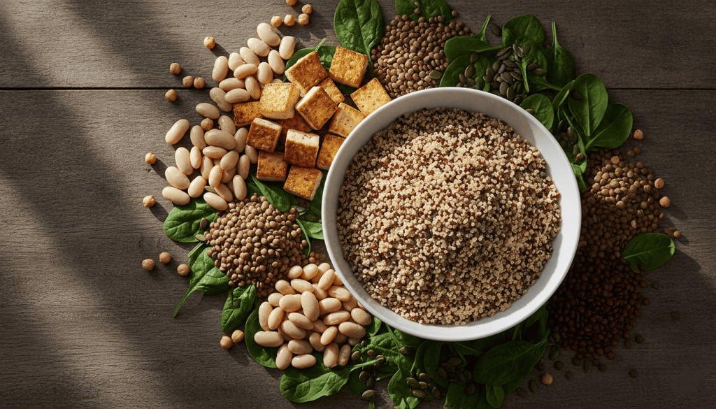 Sélection d'aliments vegan riches en fer comprenant des lentilles, des haricots, des épinards et des graines de courge.