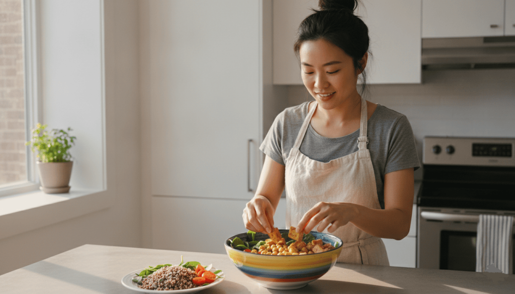 Femme préparant un bowl vegan riche en protéines avec du tofu grillé, des pois chiches et du quinoa dans une cuisine lumineuse.