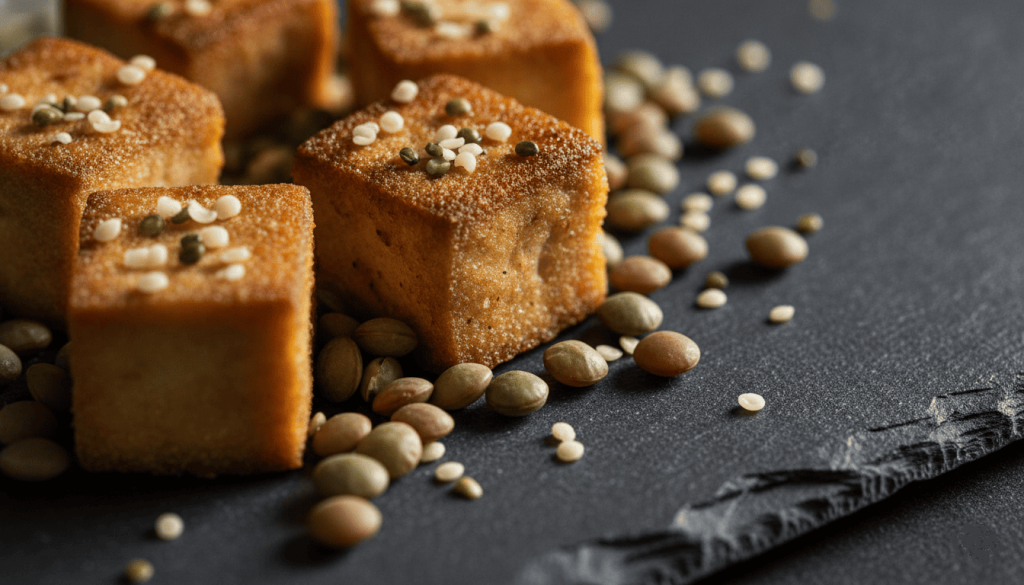 Gros plan sur du tofu, des lentilles et des graines de chanvre, trois sources importantes de protéines végétales.