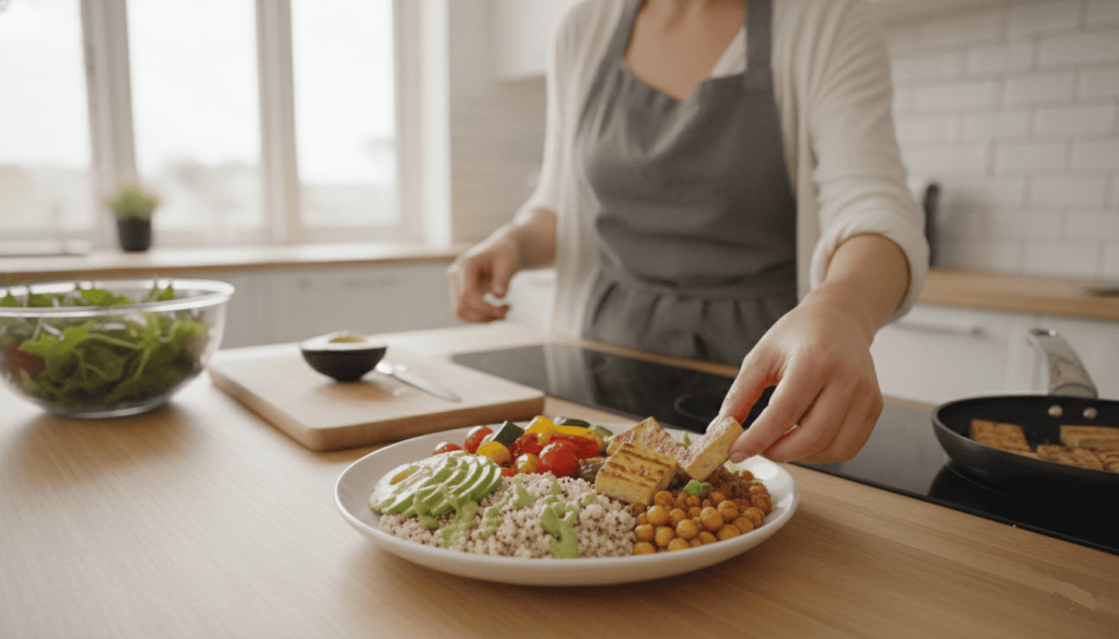 Préparation d'un repas vegan équilibré composé de légumes, quinoa, pois chiches, avocat et tofu grillé.