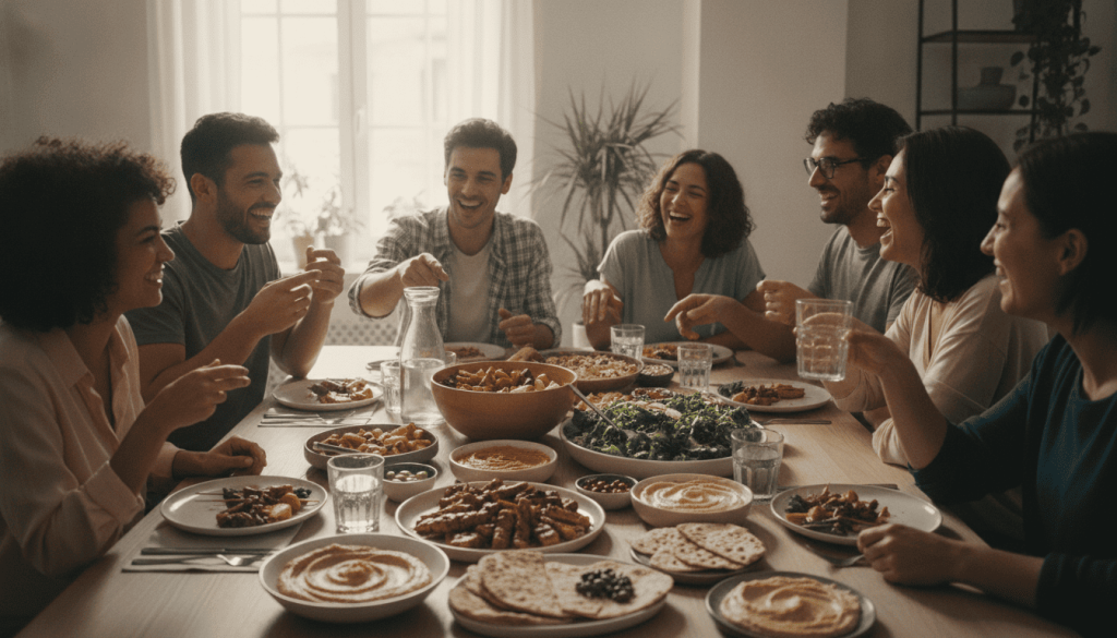 Groupe de personnes partageant un repas vegan équilibré dans une ambiance conviviale.