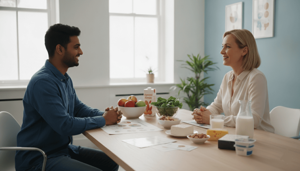 Nutritionniste présentant les différences entre alimentation végétarienne et vegan à une personne