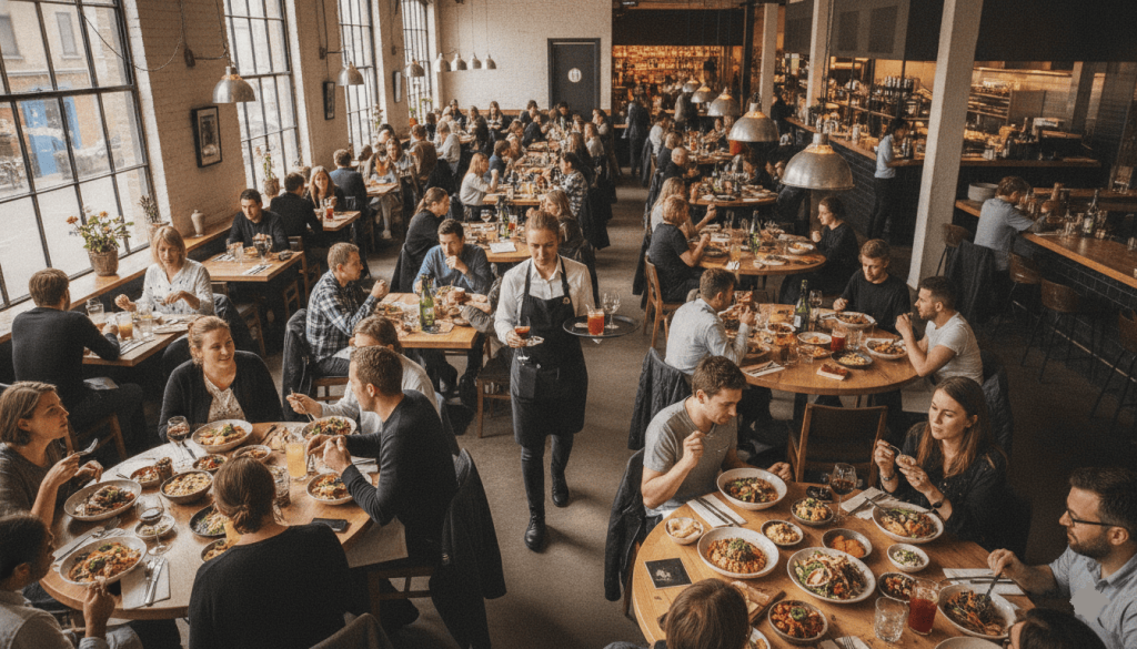 Salle de restaurant où plusieurs clients dégustent des plats variés adaptés à différents régimes.