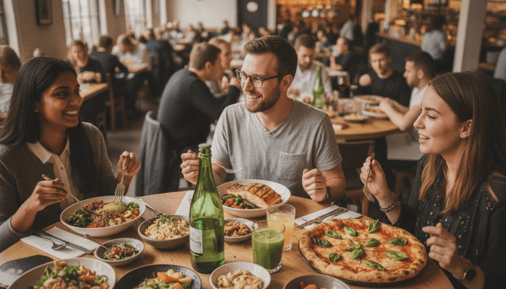 Trois personnes partageant un repas avec des assiettes correspondant à différents régimes alimentaires.