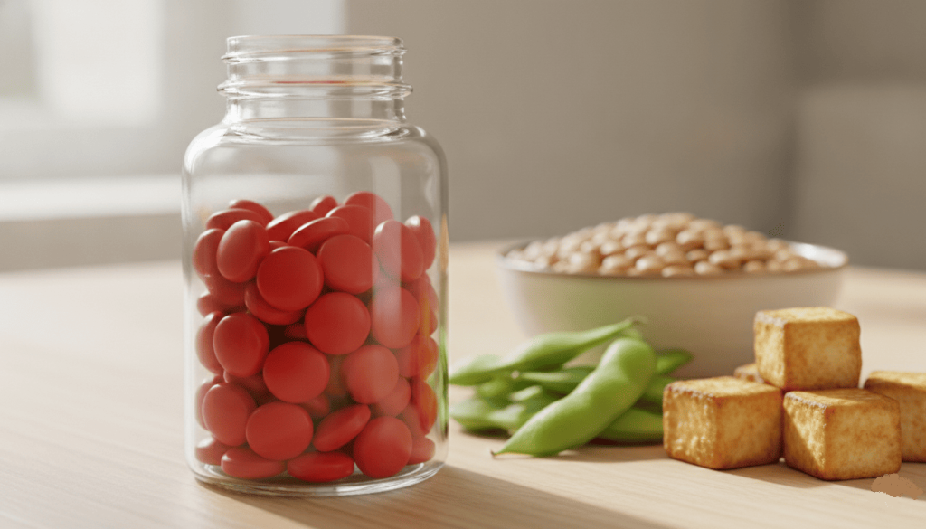 Complément alimentaire de vitamine B12 posé à côté d'aliments adaptés à une alimentation vegan.