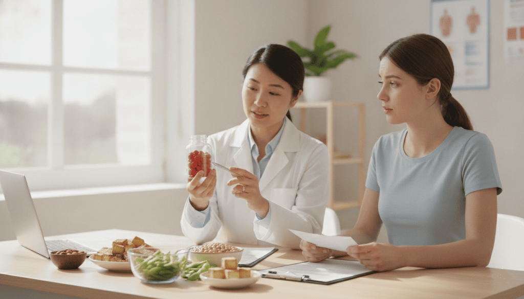 Diététicien expliquant l'importance de la supplémentation en vitamine B12 à une personne vegan.
