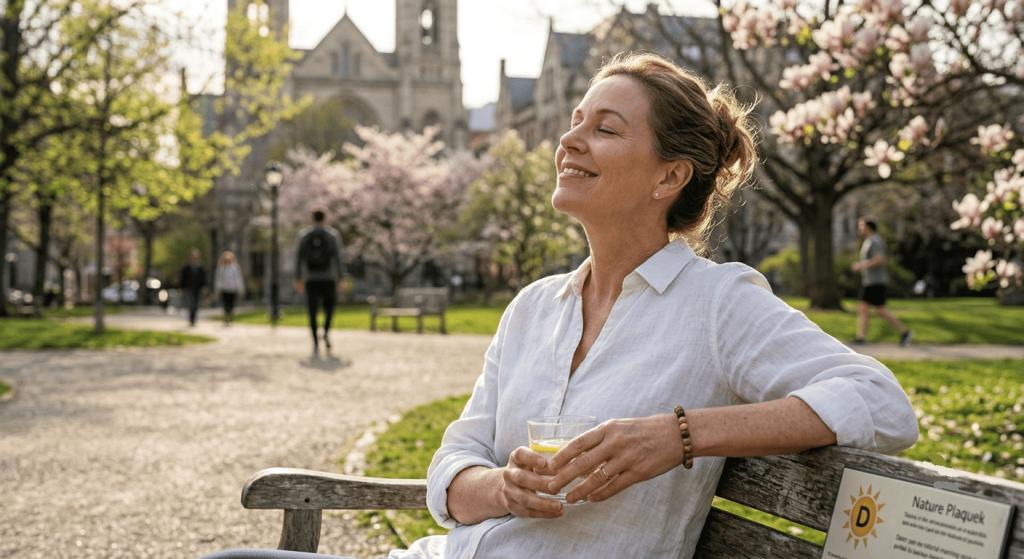 Une personne assise sur un banc en bois dans un parc pour capter la lumière du soleil, symbolisant la synthèse naturelle de la vitamine D en complément de l'alimentation végétale.