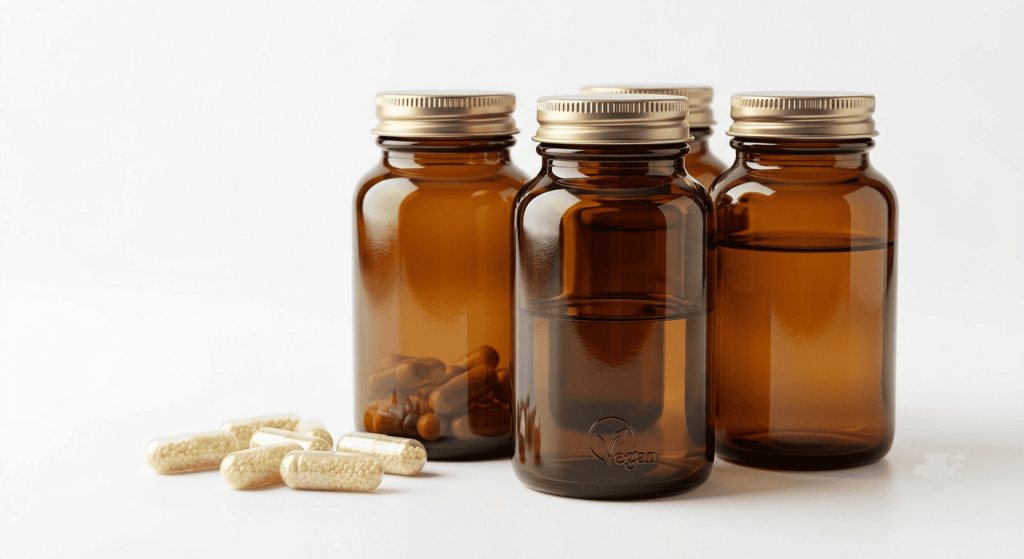 Flacons compte-gouttes en verre ambré de vitamine D3 végétale (issue du lichen) posés à côté.