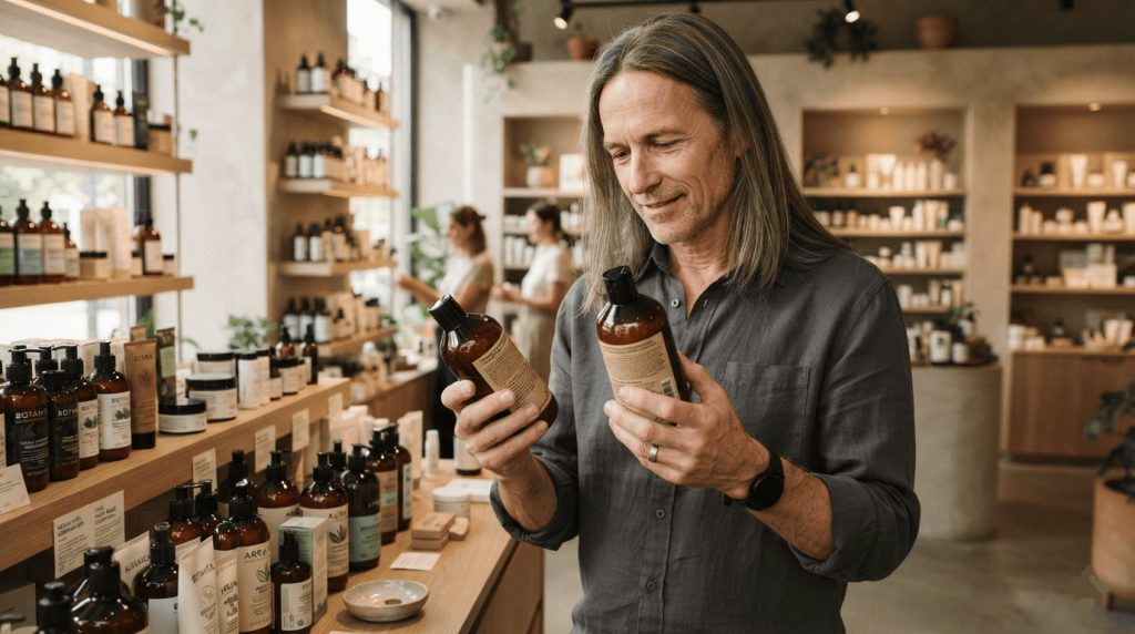 Un homme compare deux après-shampoings vegan en lisant la liste des ingrédients dans un magasin de cosmétiques naturels.