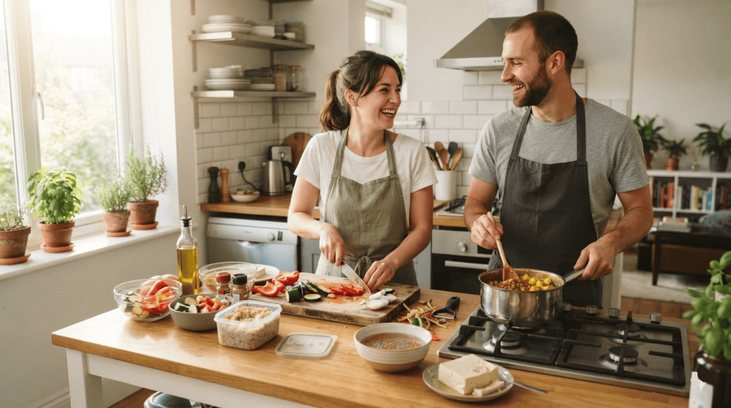 Un couple prépare un repas vegan équilibré dans une cuisine moderne en découpant des légumes et en cuisinant du tofu et des légumineuses.