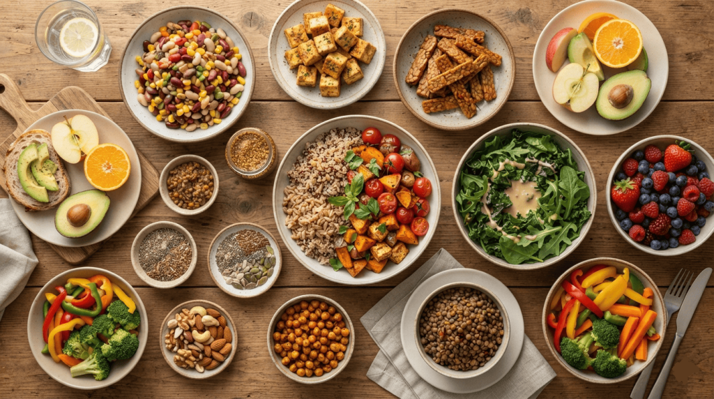 Vue de dessus d'une sélection d'aliments vegan riches en protéines, fibres et nutriments, comprenant des légumineuses, du tofu, des fruits, des légumes et des oléagineux.
