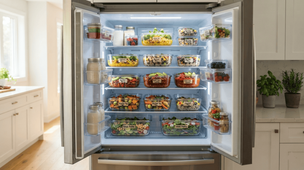 Réfrigérateur soigneusement organisé avec plusieurs contenants en verre remplis de repas vegan prêts pour toute la semaine.