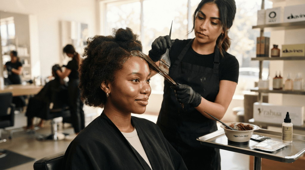 Une coiffeuse applique une coloration cheveux vegan à une cliente dans un salon de coiffure moderne.