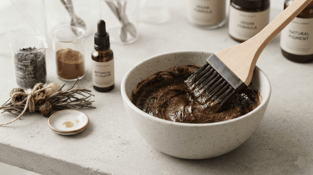 Préparation d'une coloration cheveux vegan dans un bol avec un pinceau et des ingrédients d'origine végétale.
