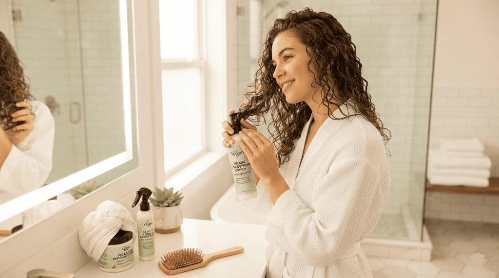 Femme appliquant un soin cheveux vegan sur sa chevelure après la douche.