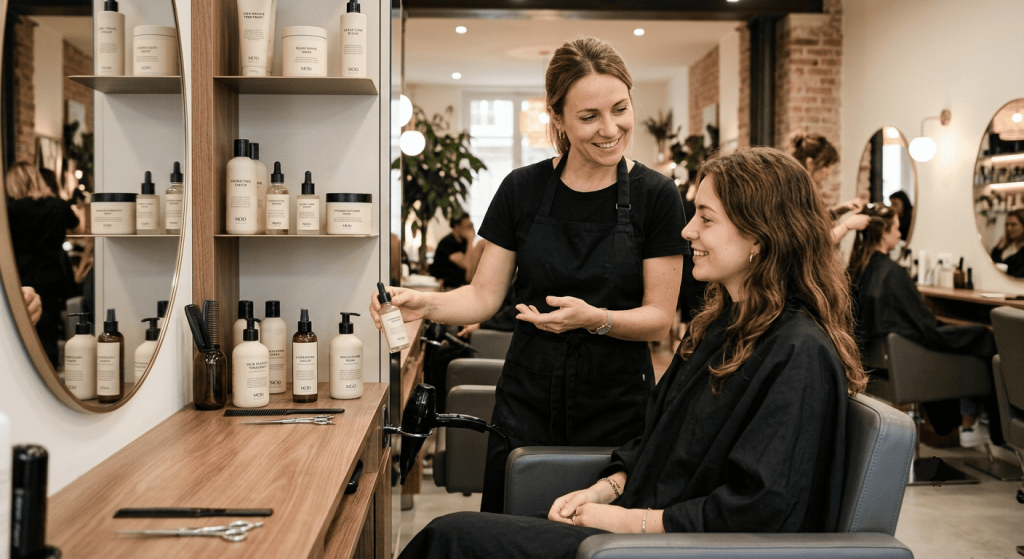 Coiffeuse conseillant une cliente sur des soins capillaires vegan dans un salon.