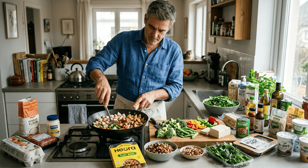 Un homme d'une cinquantaine d'années prépare un repas dans lequel les alternatives végétales occupent progressivement une place importante parmi les ingrédients du quotidien.