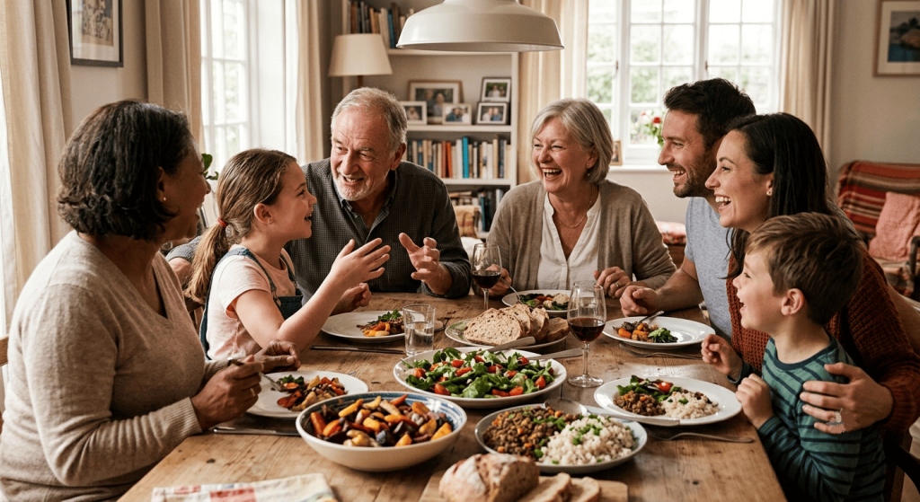 Une famille partage un repas convivial autour d'une table où plusieurs plats végétaux sont servis.