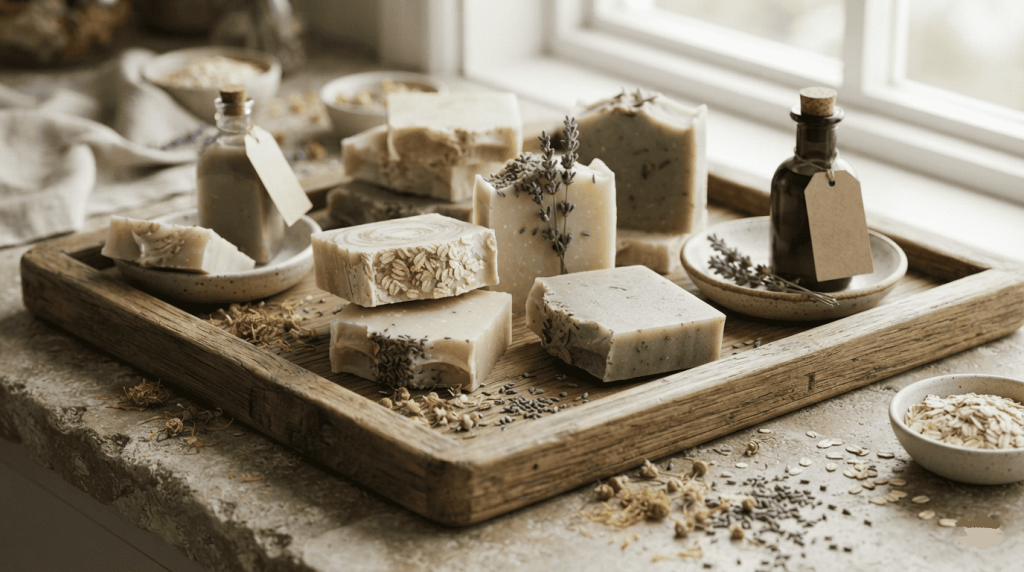 Des savons vegan artisanaux présentés avec de l'huile d'olive, de la lavande et des flocons d'avoine.