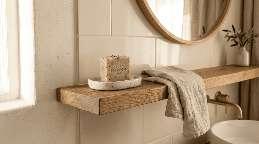 Un savon vegan posé sur un porte-savon en céramique dans une salle de bain au style minimaliste.