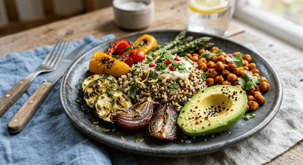 Assiette équilibrée de quinoa, légumes grillés, pois chiches et avocat présentée en gros plan.